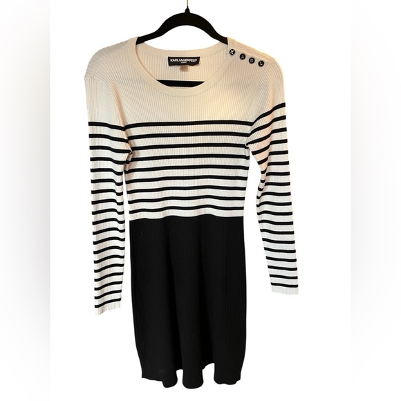Karl Lagerfeld Paris Striped Knit Dress  French Chic Ribbed Dress - Picture 2 of 7